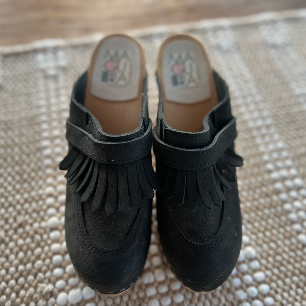 MAGUBA Made in Sweden Black Suede Tassel Wedge Heel Size 38